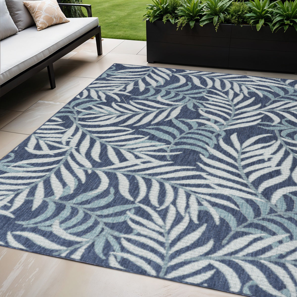 5 X 7 Navy Blue Sky Blue And Ivory Palm Leaf Indoor Outdoor Area Rug