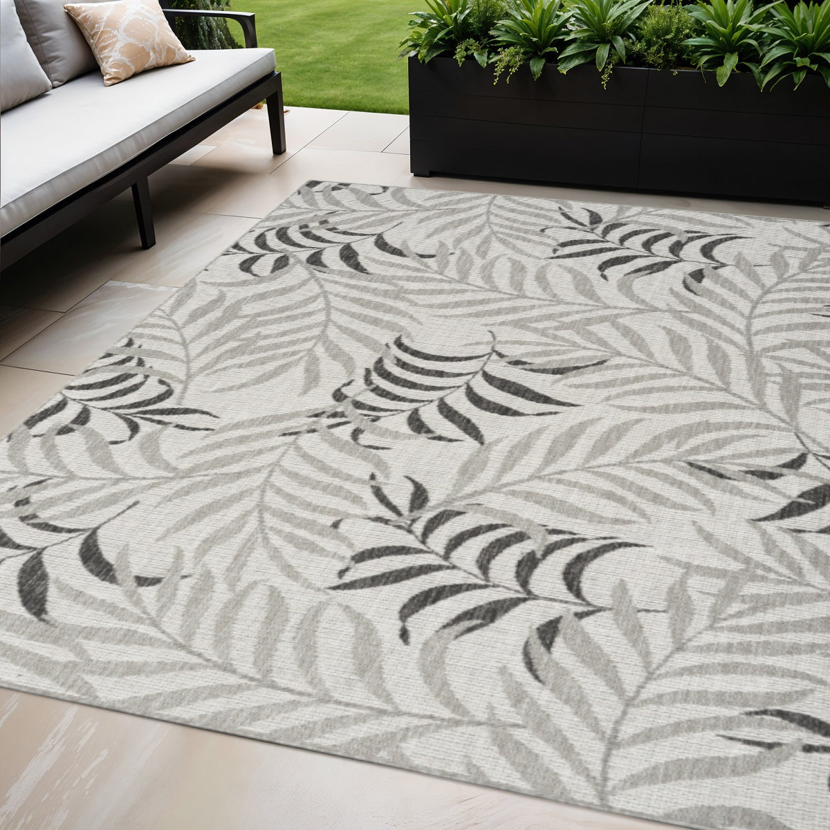 5 X 7 Gray Black And Ivory Palm Leaf Indoor Outdoor Area Rug