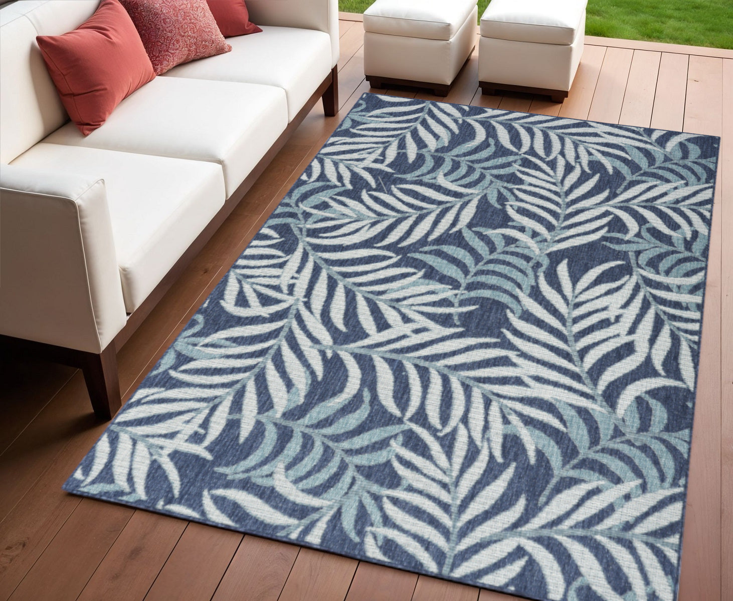4 X 6 Navy Blue Sky Blue And Ivory Palm Leaf Indoor Outdoor Area Rug
