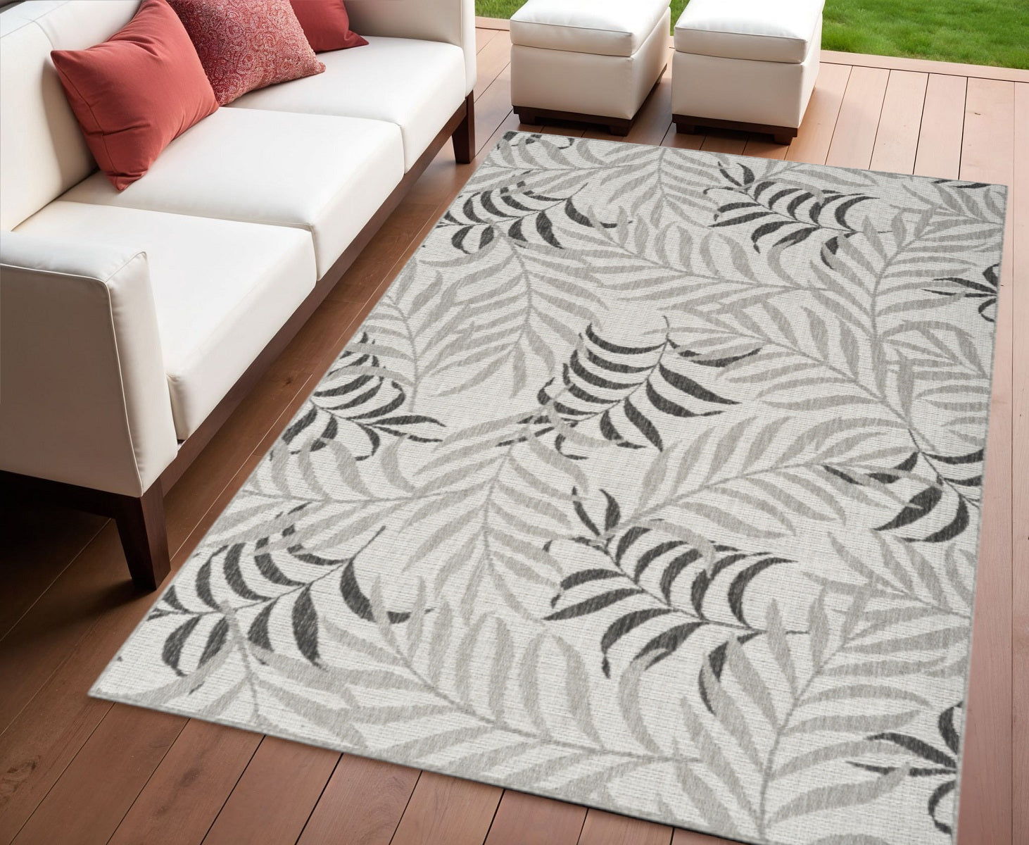 4 X 6 Gray Black And Ivory Palm Leaf Indoor Outdoor Area Rug
