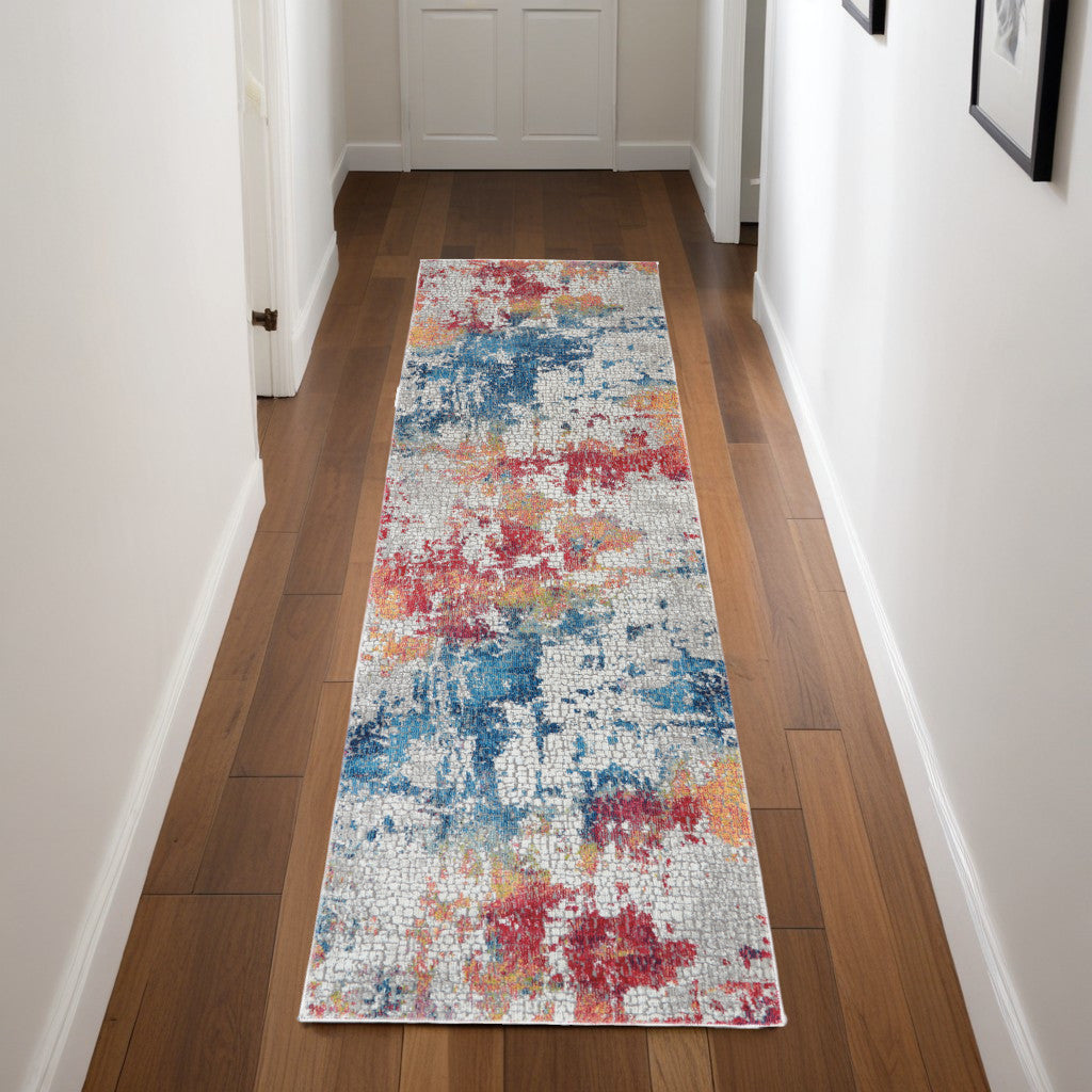 8' Ivory Blue and Orange Abstract Distressed Non Skid Runner Rug