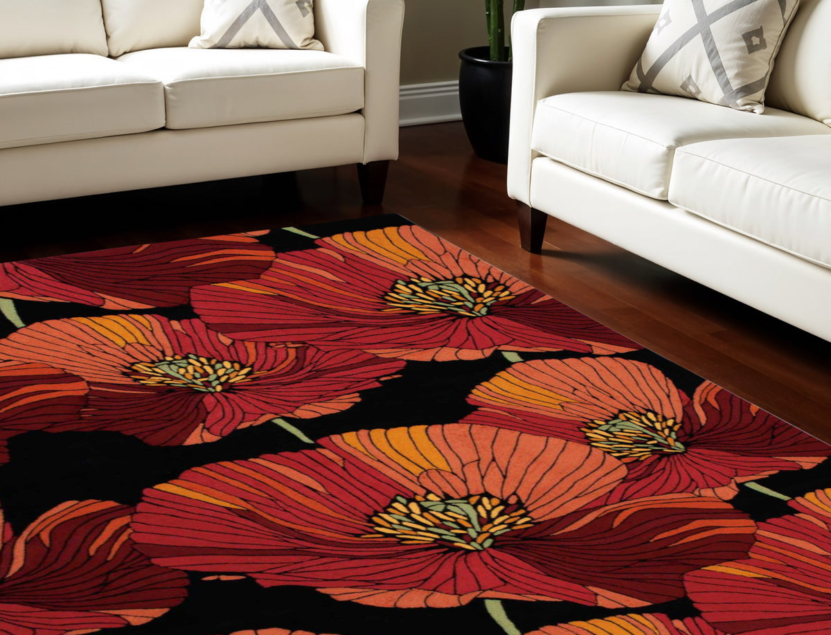 8' X 11' Black and Orange Floral Hand Hooked Area Rug