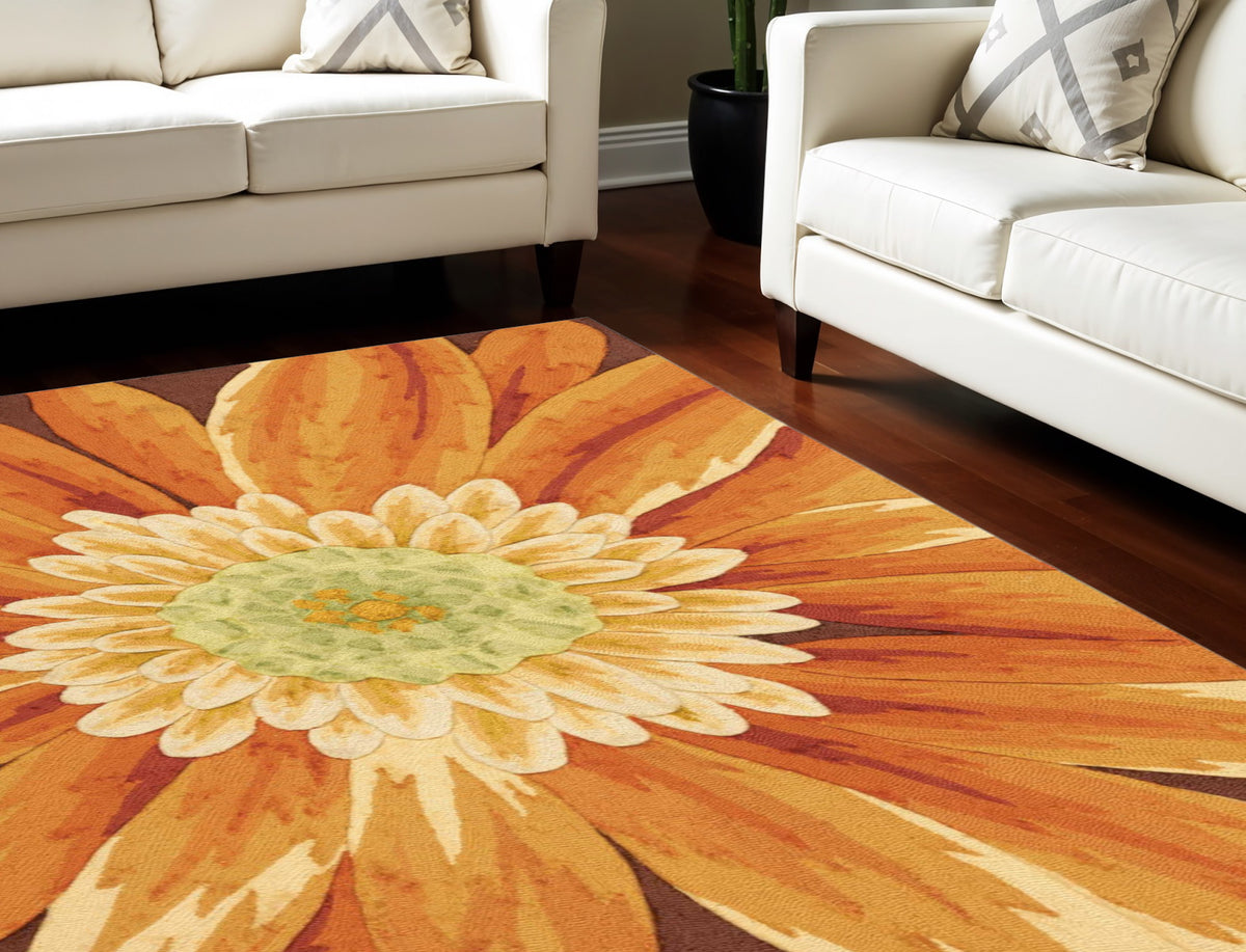 8' X 11' Brown Orange and Yellow Floral Hand Carved Handmade Area Rug