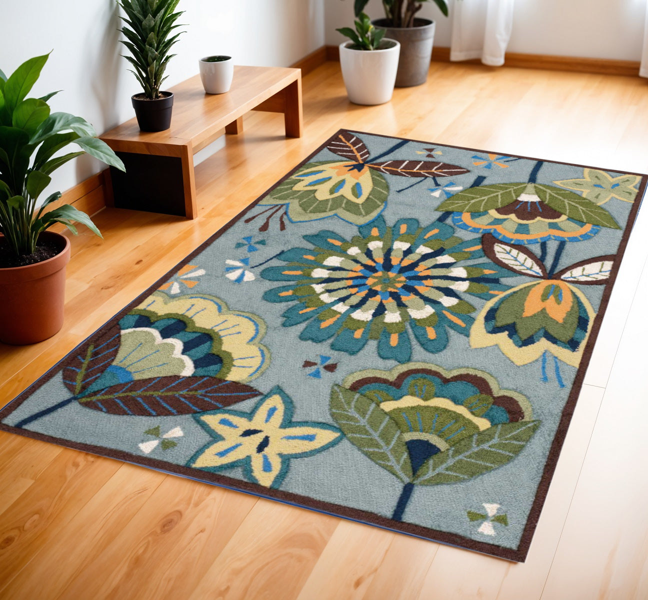 4' X 6' Blue and Green Floral Hand Carved Handmade Area Rug