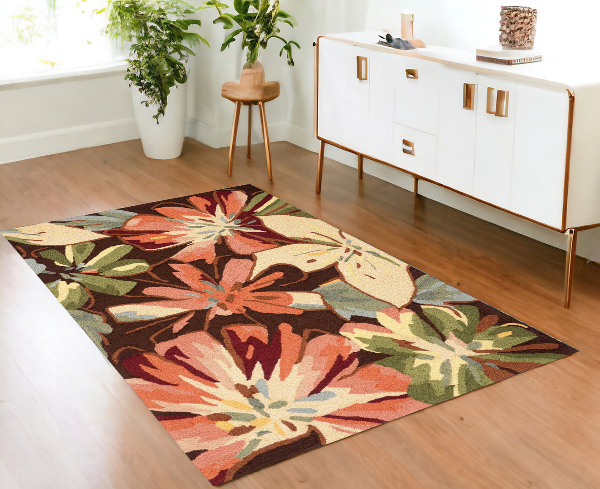 4' X 6' Tan and Dark Brown Floral Hand Carved Handmade Area Rug