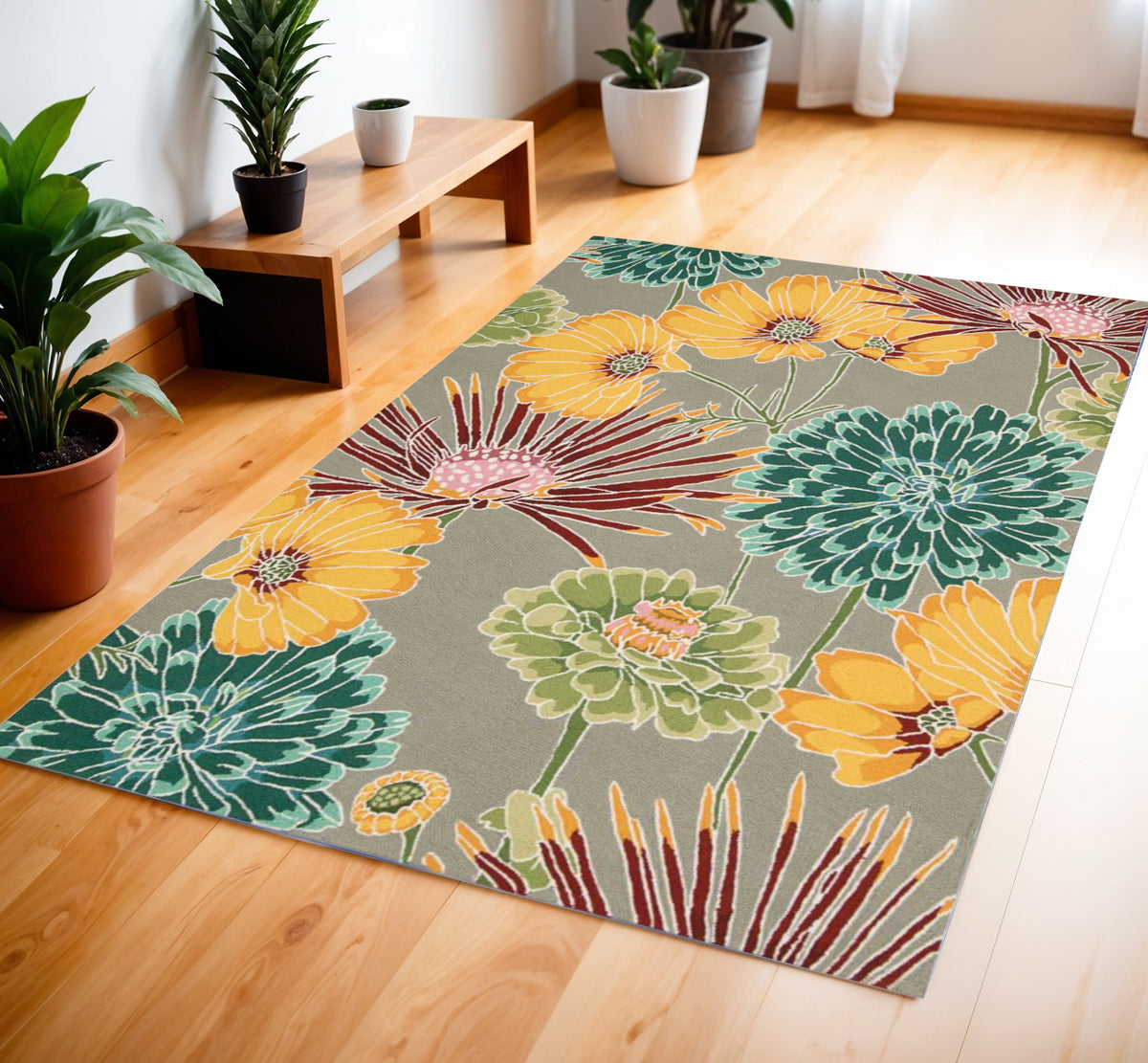 4' X 6' Gray Red and Yellow Floral Hand Carved Handmade Area Rug