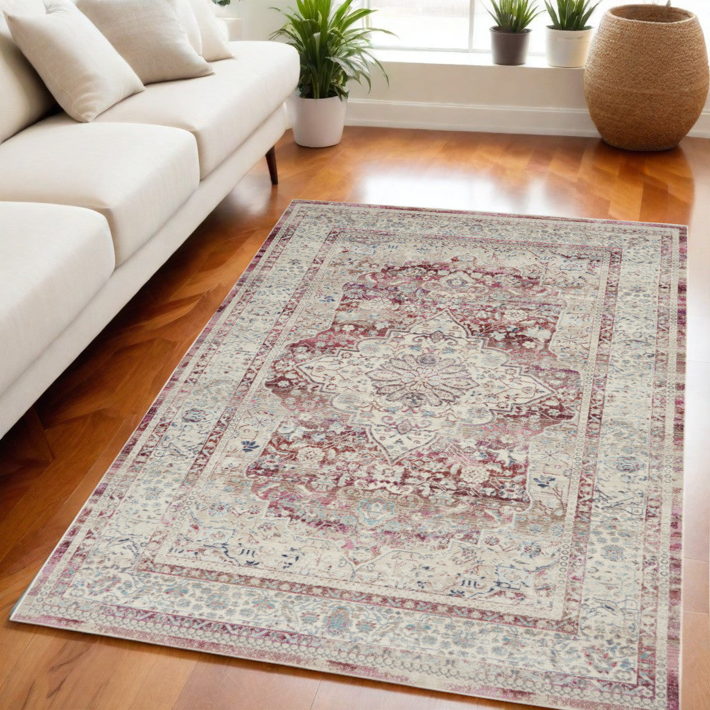 5' X 8' Ivory Red And Brown Floral Distressed Area Rug