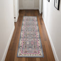 8' Ivory Pink And Gray Floral Distressed Runner Rug