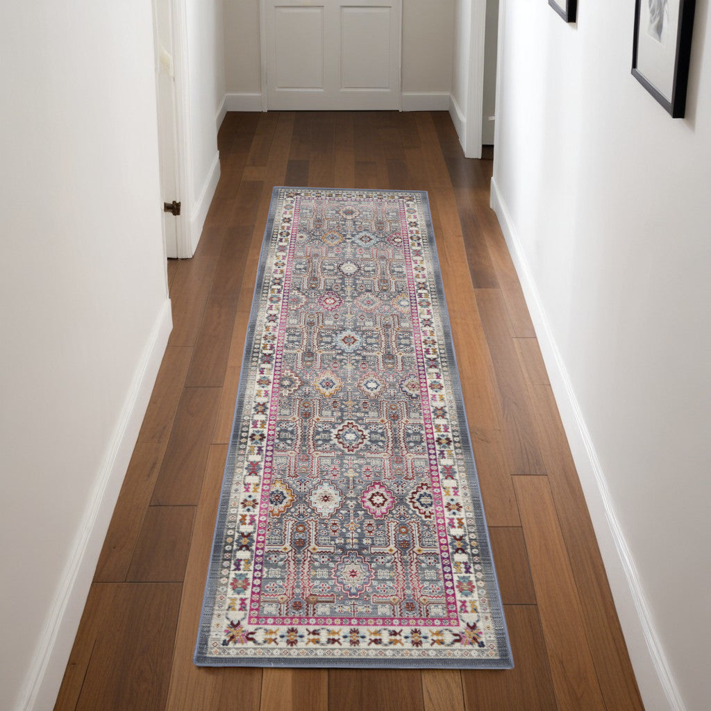 8' Ivory Pink And Gray Floral Distressed Runner Rug