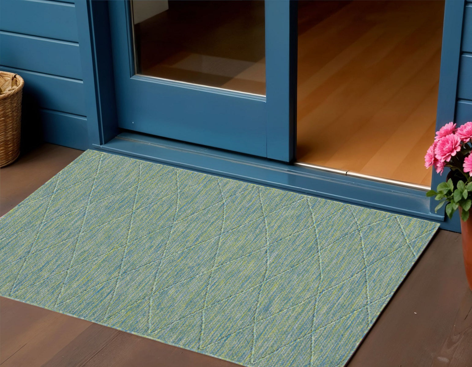3 X 5 Blue And Green Geometric Indoor Outdoor Area Rug