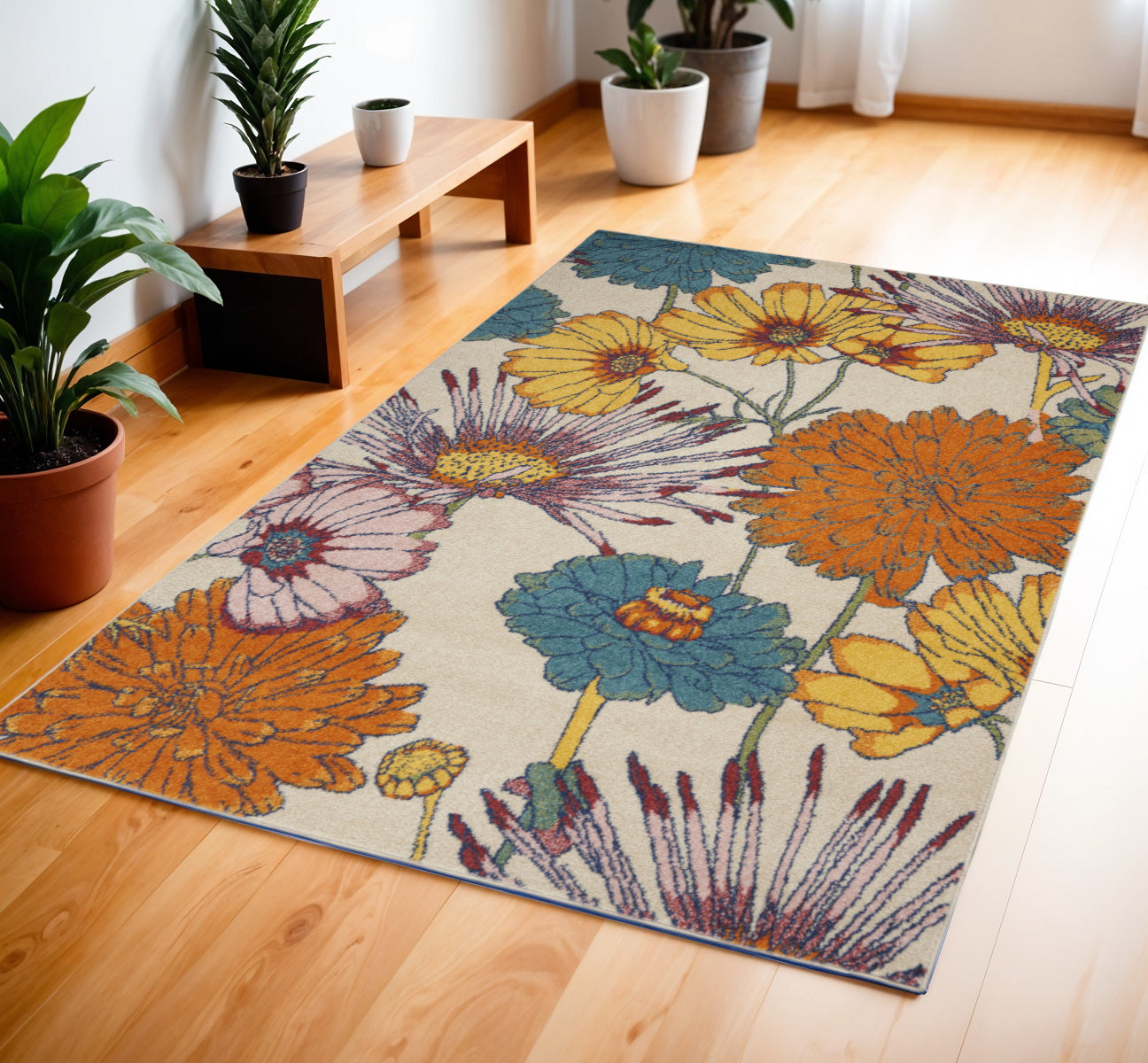 4' X 6' Cream Floral Power Loom Area Rug