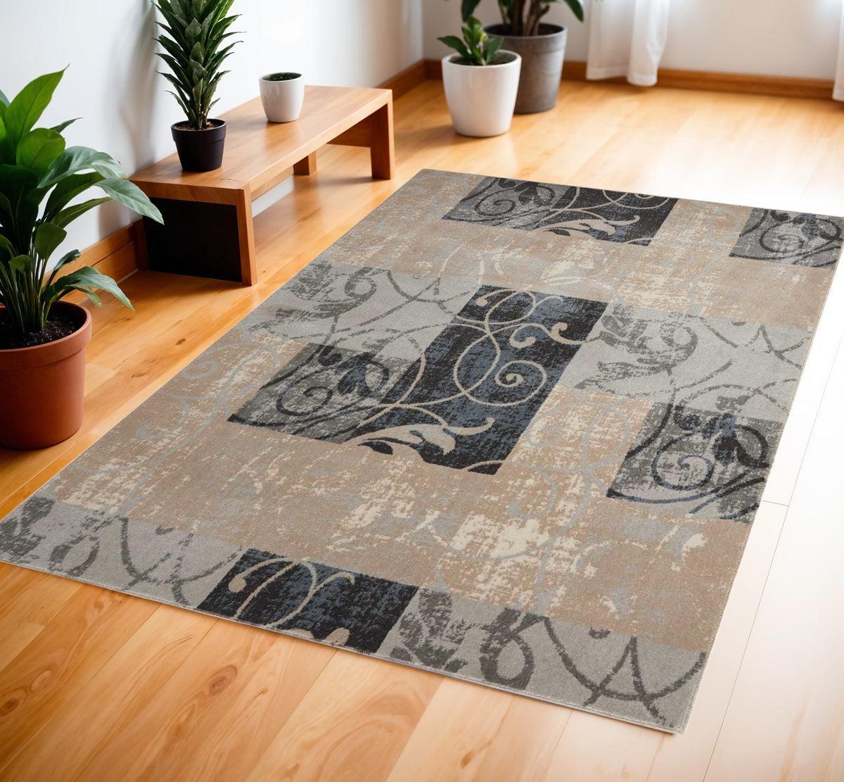 4' X 6' Tan Black and Ivory Floral Vines Area Rug