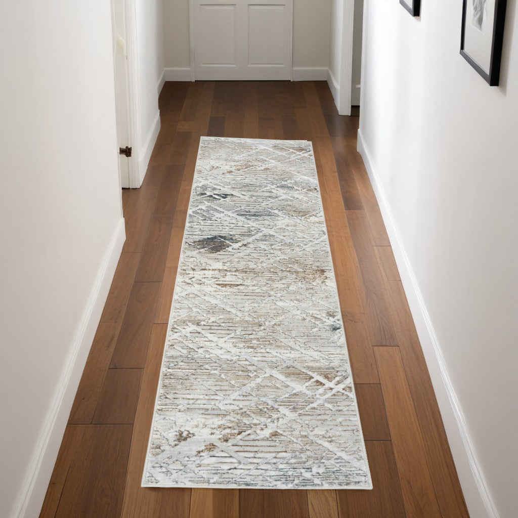8' Ivory Black and Gray Abstract Non Skid Runner Rug