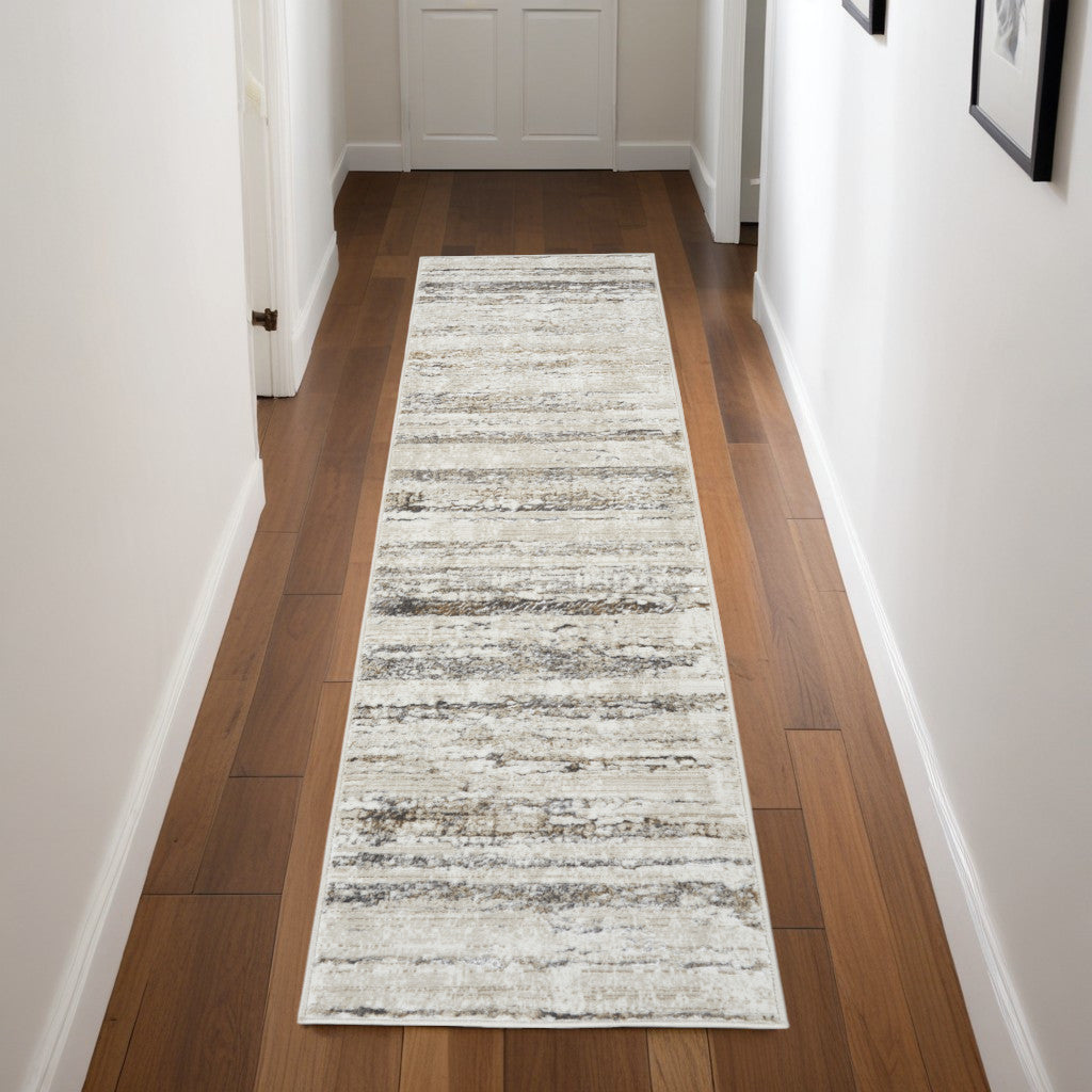 8' Cream and Gray Abstract Non Skid Runner Rug