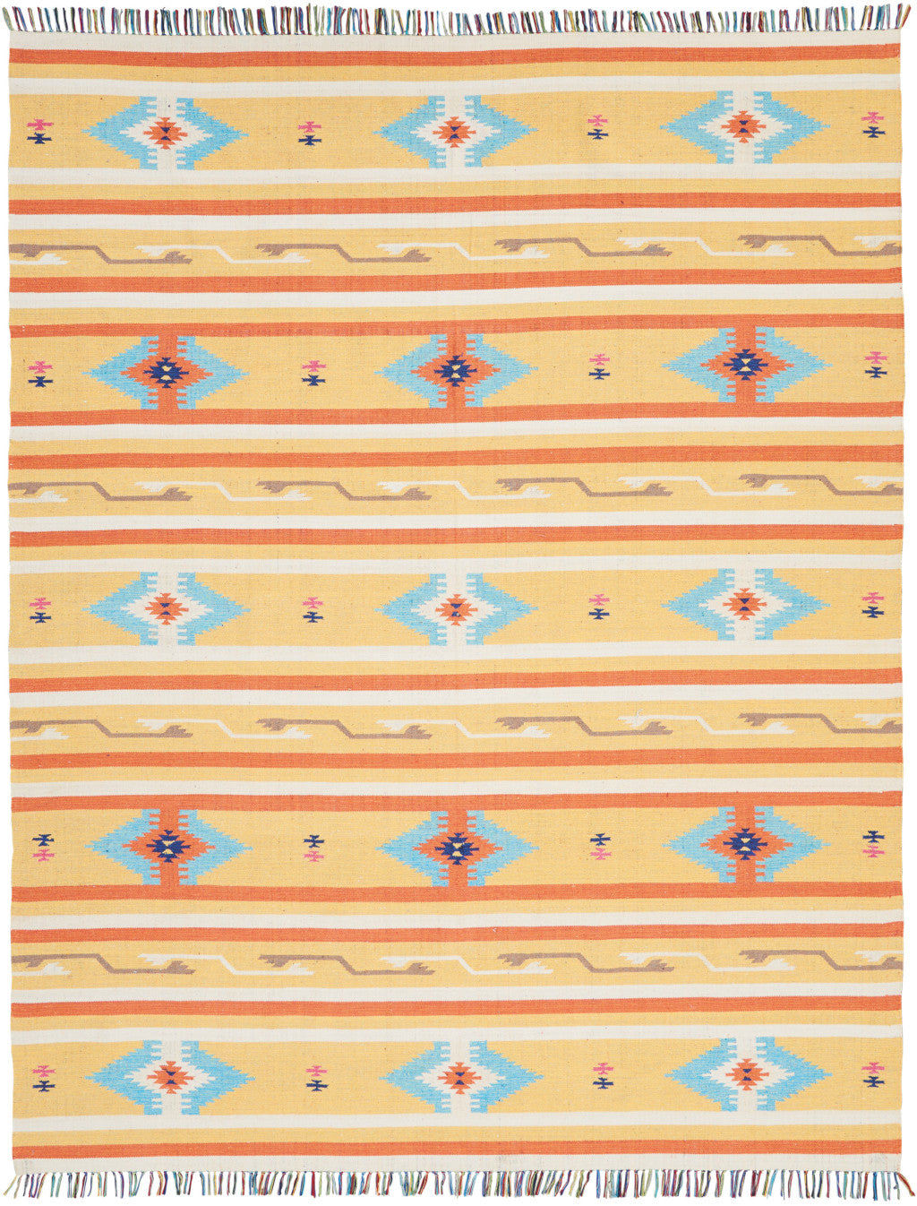 8' X 10' Yellow and Orange Southwestern Handmade Area Rug With Fringe