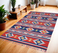 4' X 6' Blue and Red Southwestern Handmade Area Rug With Fringe