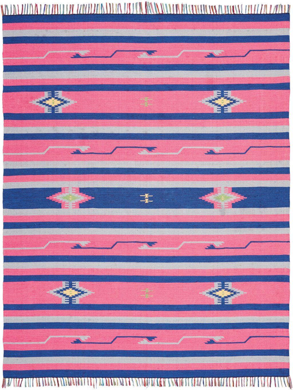 8' X 10' Pink and Blue Southwestern Handmade Area Rug With Fringe