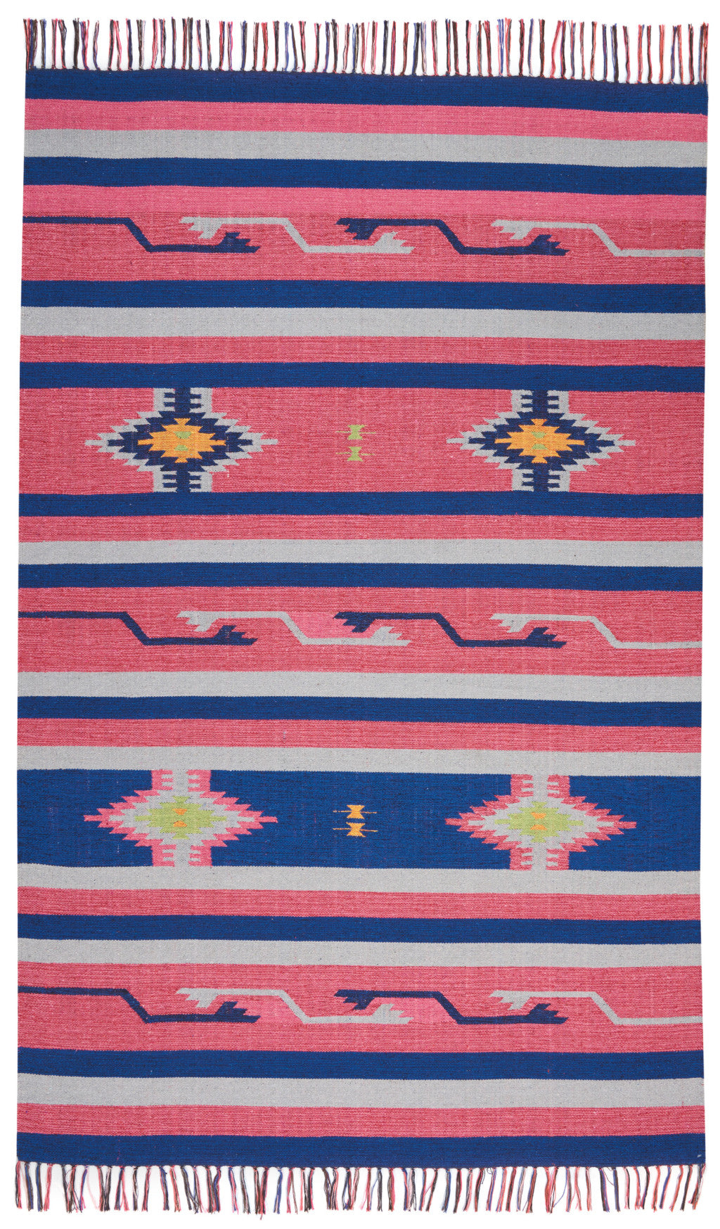 7' X 10' Pink and Blue Southwestern Handmade Area Rug With Fringe