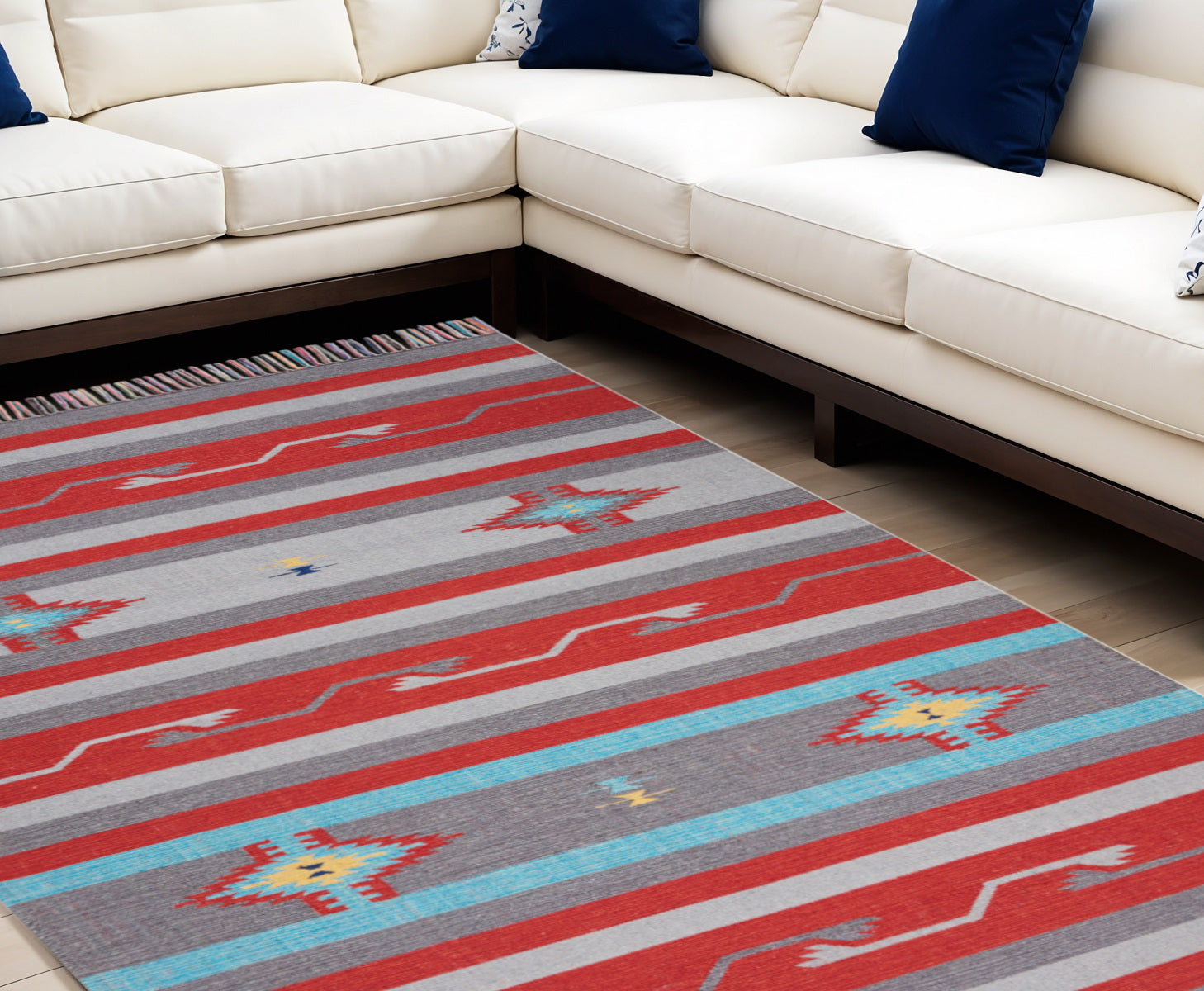 7' X 10' Gray and Red Southwestern Handmade Area Rug With Fringe