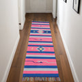 8' Pink And Blue Southwestern Handmade Runner Rug With Fringe