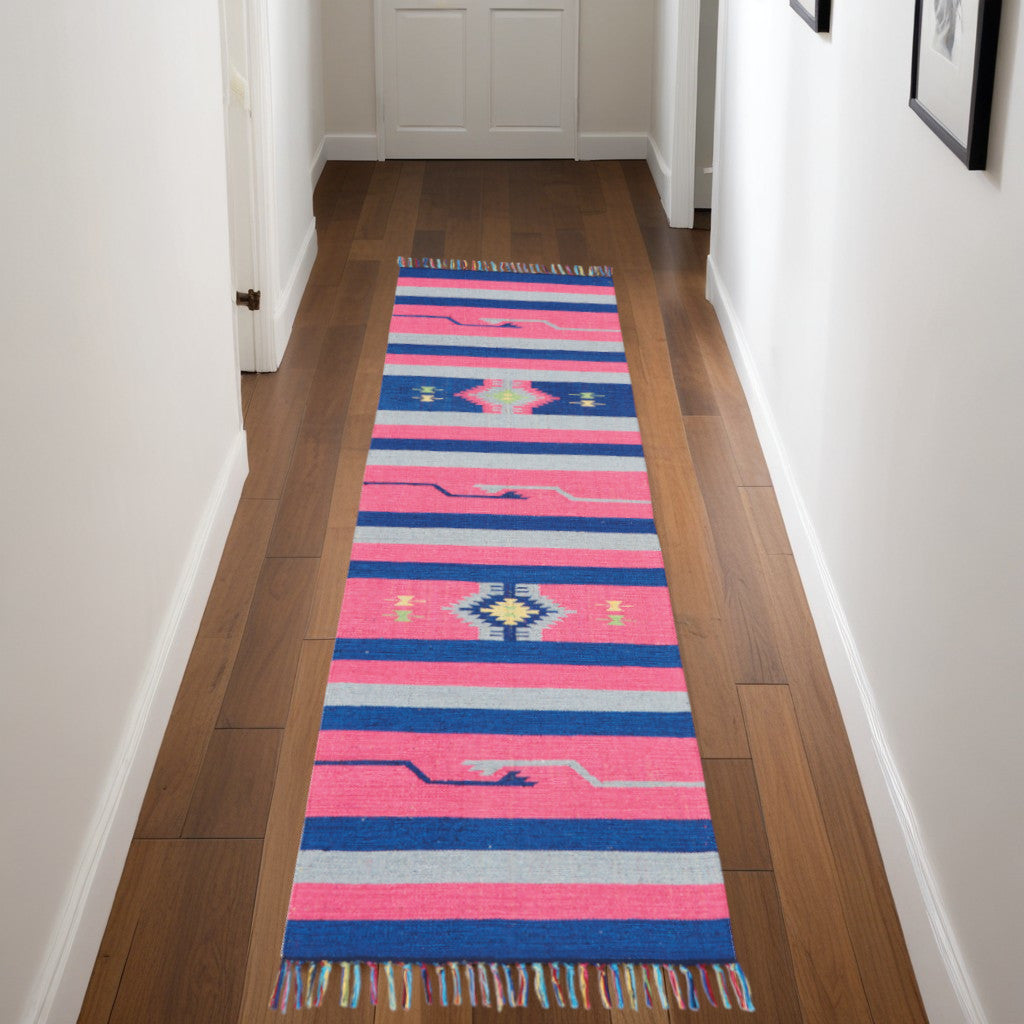 8' Pink And Blue Southwestern Handmade Runner Rug With Fringe