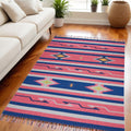 5' X 7' Pink and Blue Southwestern Handmade Area Rug With Fringe