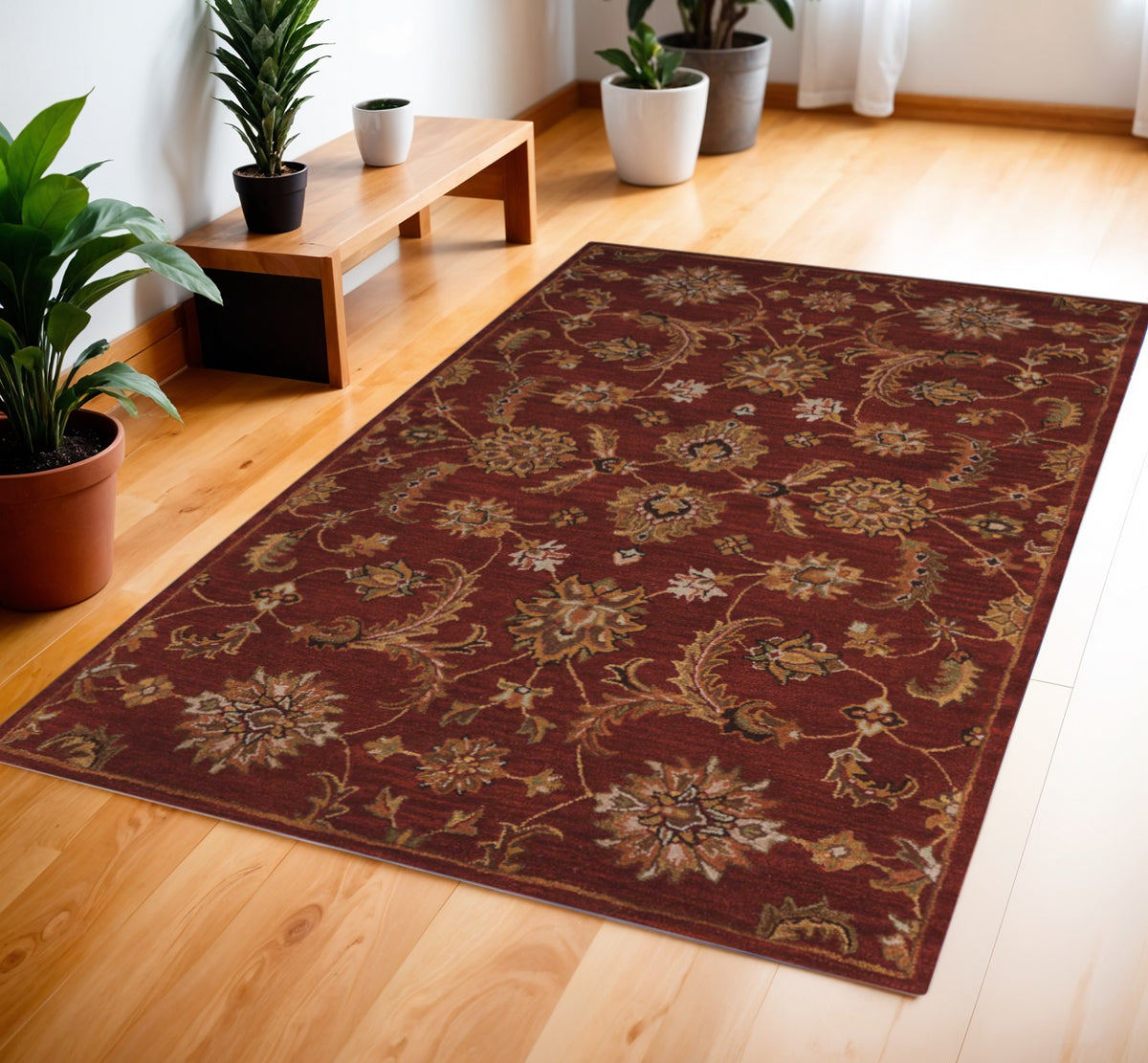 4' X 6' Brick Red and Orange Wool Floral Area Rug