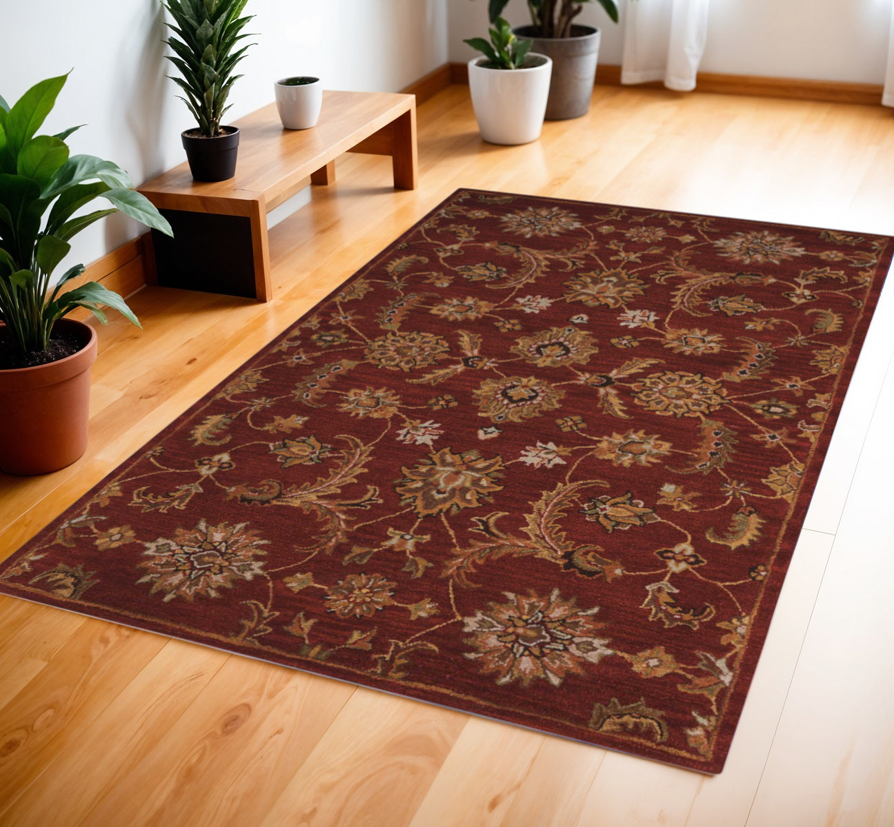 4' X 6' Brick Red and Orange Wool Floral Area Rug