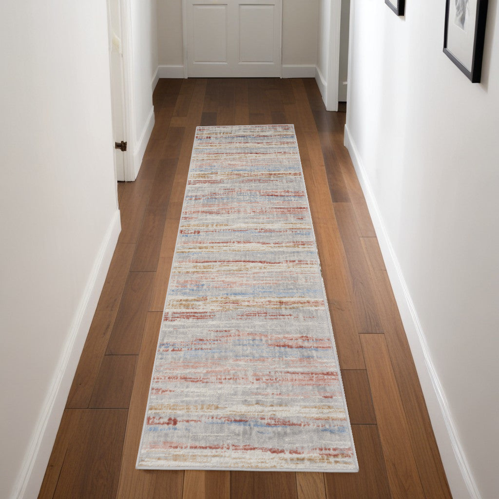 8' Ivory Red and Blue Abstract Non Skid Runner Rug