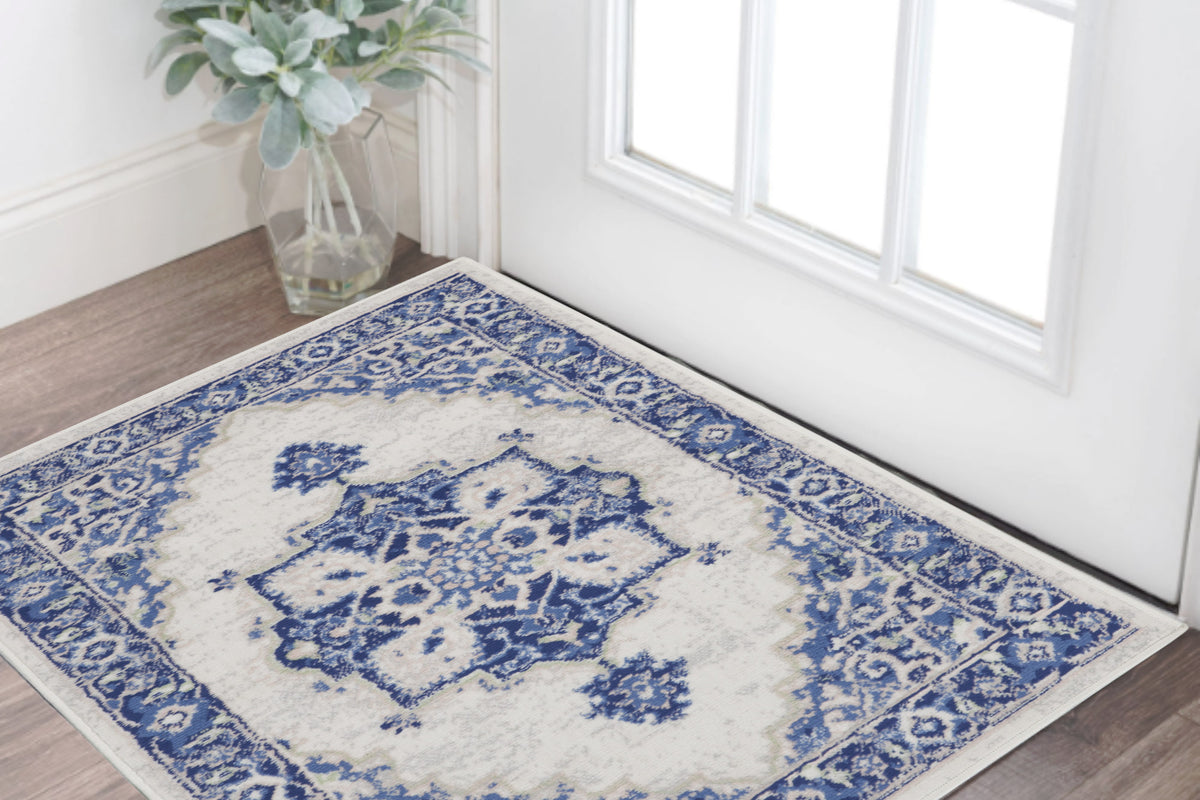 3' X 5' Ivory and Blue Medallion Area Rug