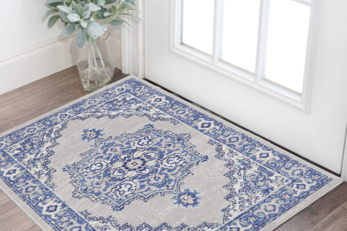 3' X 5' Gray and Blue Medallion Area Rug