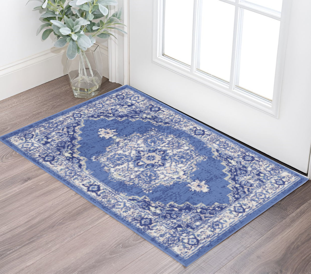 3' X 5' Ivory Navy Blue and Beige Floral Medallion Area Rug