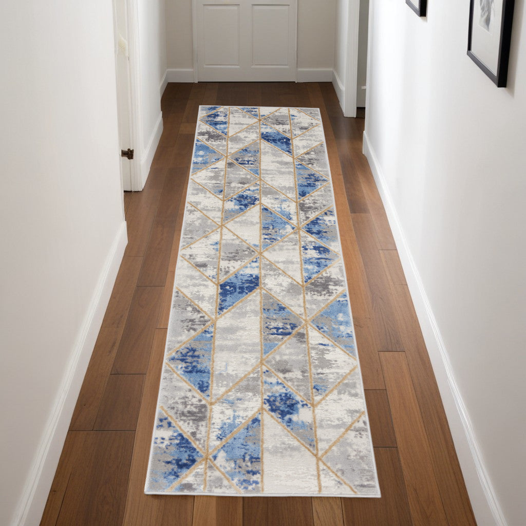 8' Ivory Blue and Gray Geometric Non Skid Runner Rug