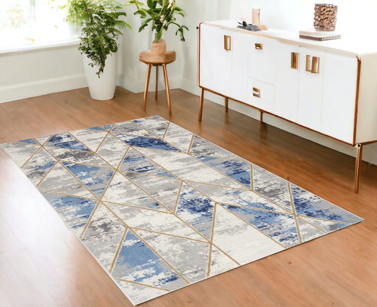 4' X 6' Ivory Blue and Gray Geometric Non Skid Area Rug