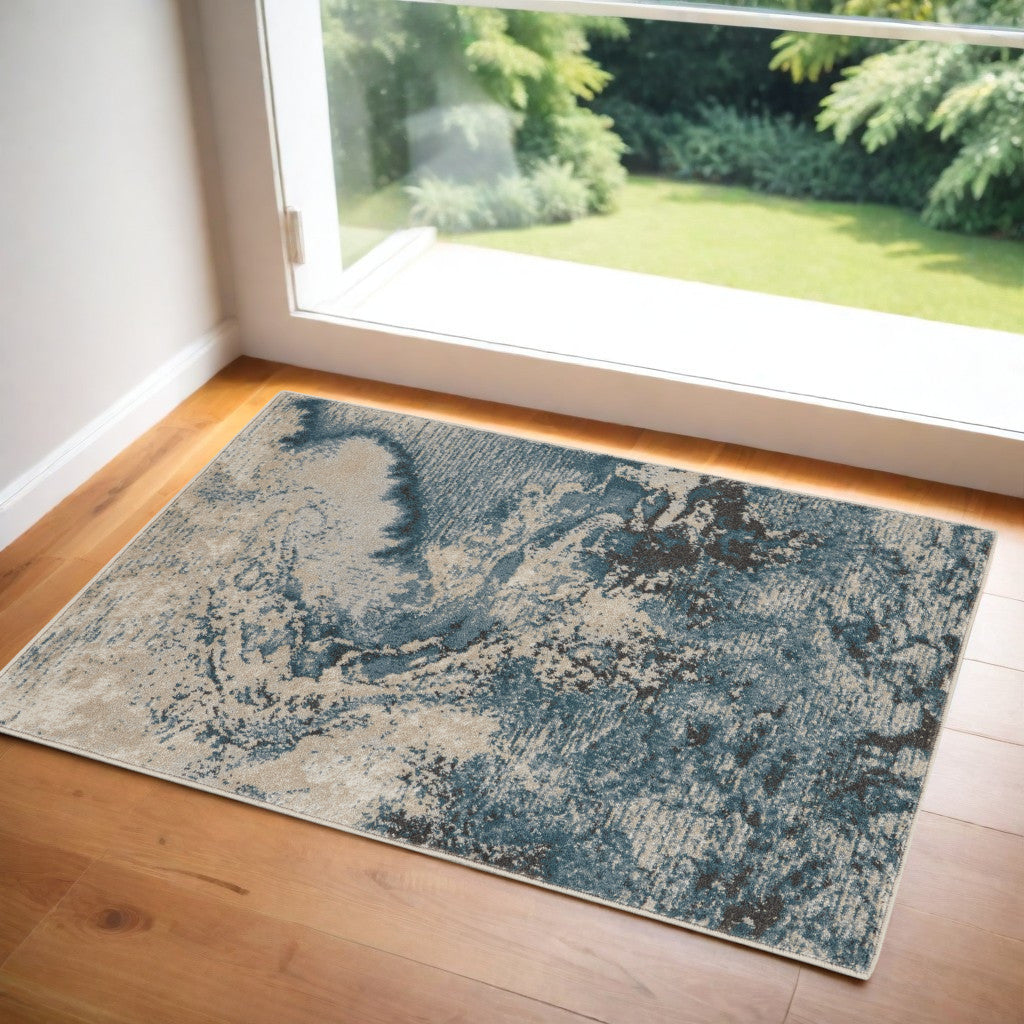 3' X 5' Ivory Teal Blue and Black Abstract Area Rug