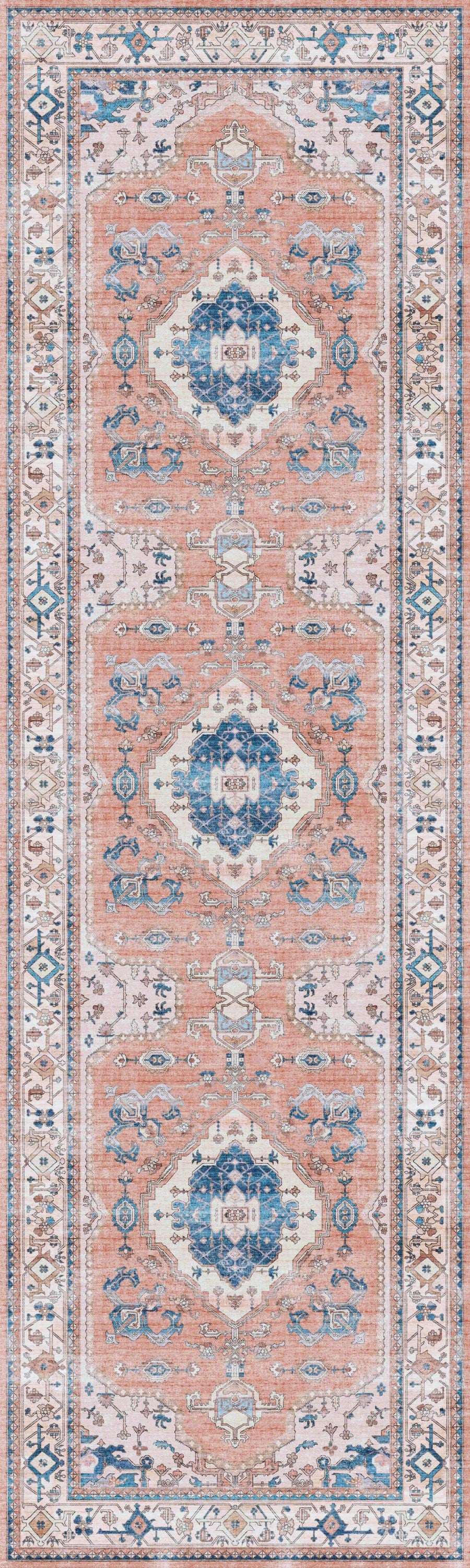 8' Ivory Blue and Coral Oriental Distressed Non Skid Runner Rug