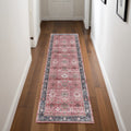 8' Brick Red and Black Oriental Distressed Non Skid Runner Rug