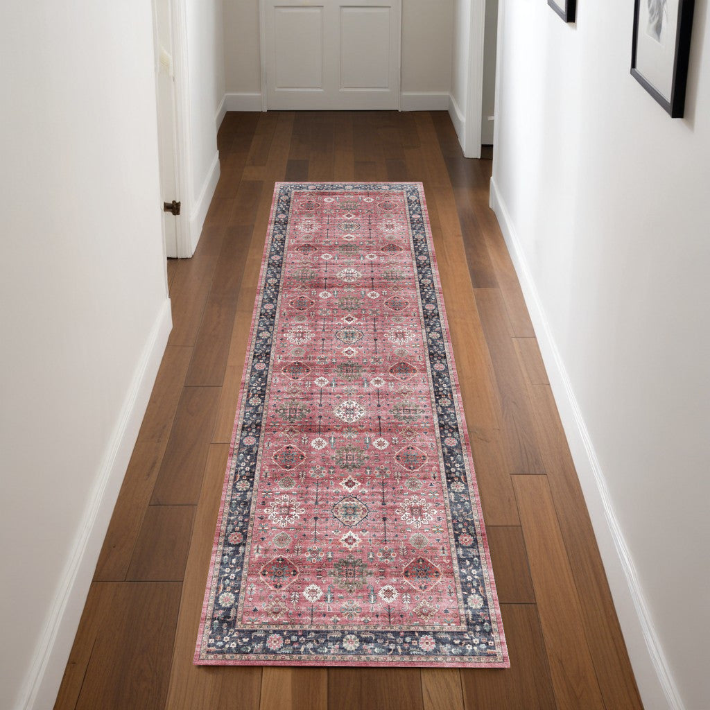 8' Brick Red and Black Oriental Distressed Non Skid Runner Rug