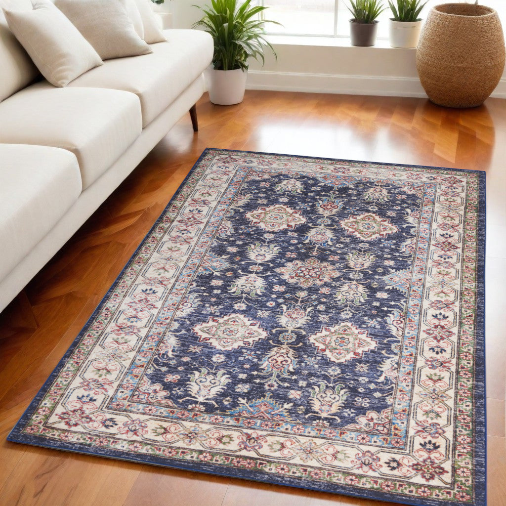 5' X 7' Blue and Ivory Oriental Distressed Non Skid Area Rug