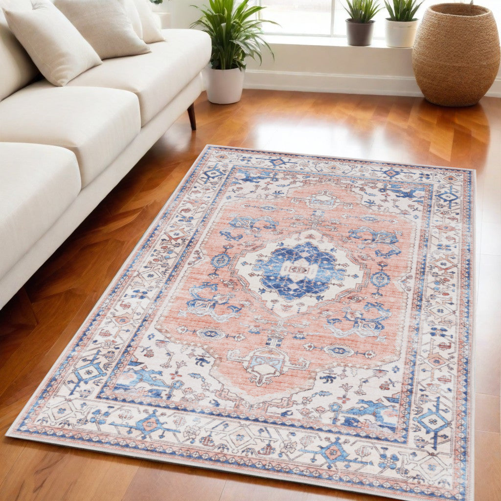 5' X 7' Ivory Blue and Coral Oriental Distressed Non Skid Area Rug