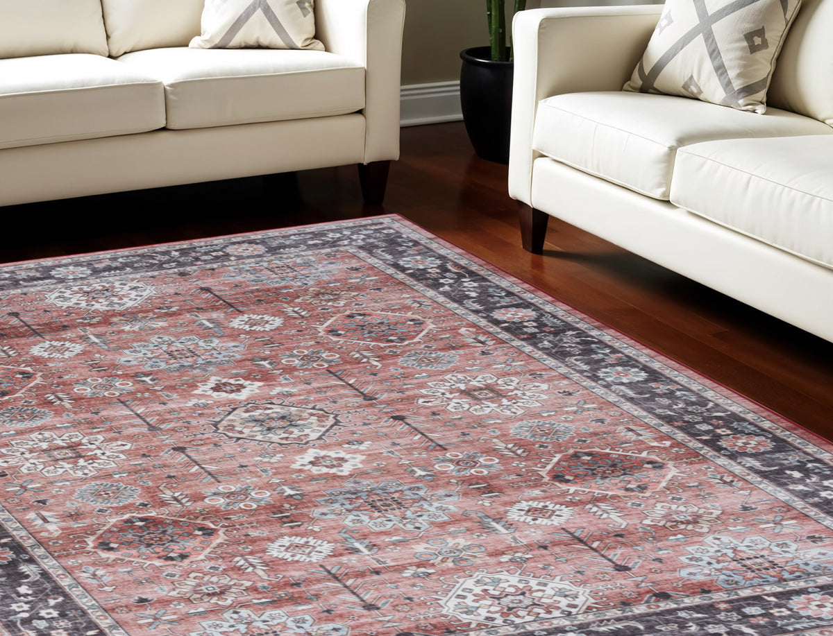 5' X 7' Brick Red and Black Oriental Distressed Non Skid Area Rug