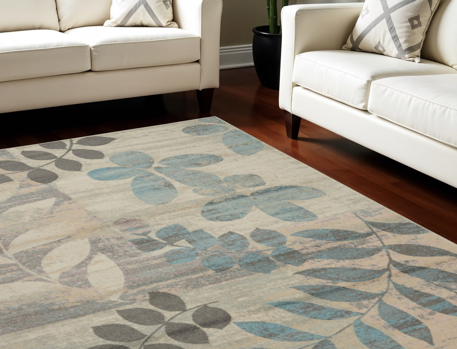 7' X 10' Ivory Gray And Blue Botanical Leaves Area Rug