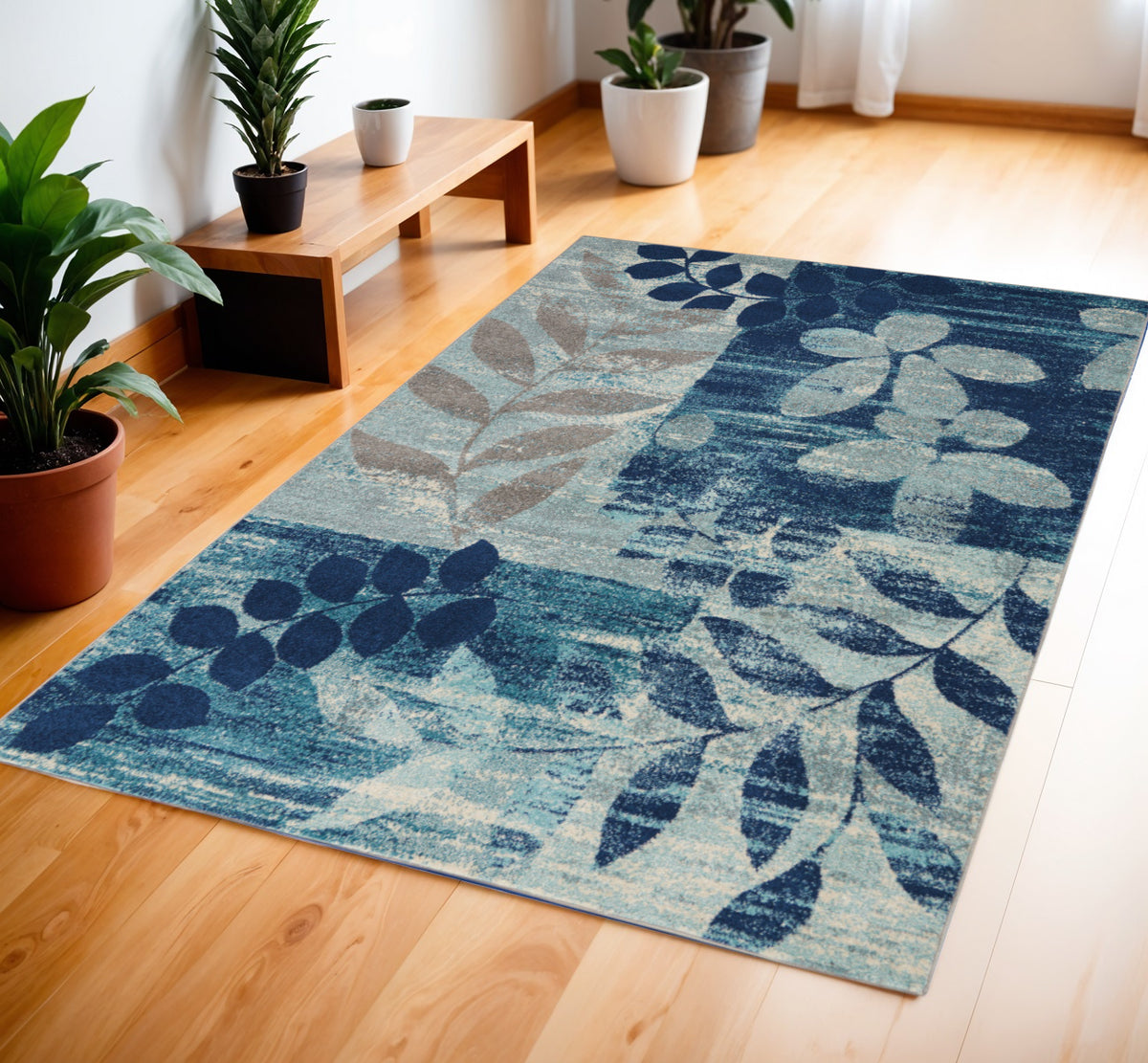 4' X 6' Navy Blue Light Blue and Gray Botanical Leaves Area Rug