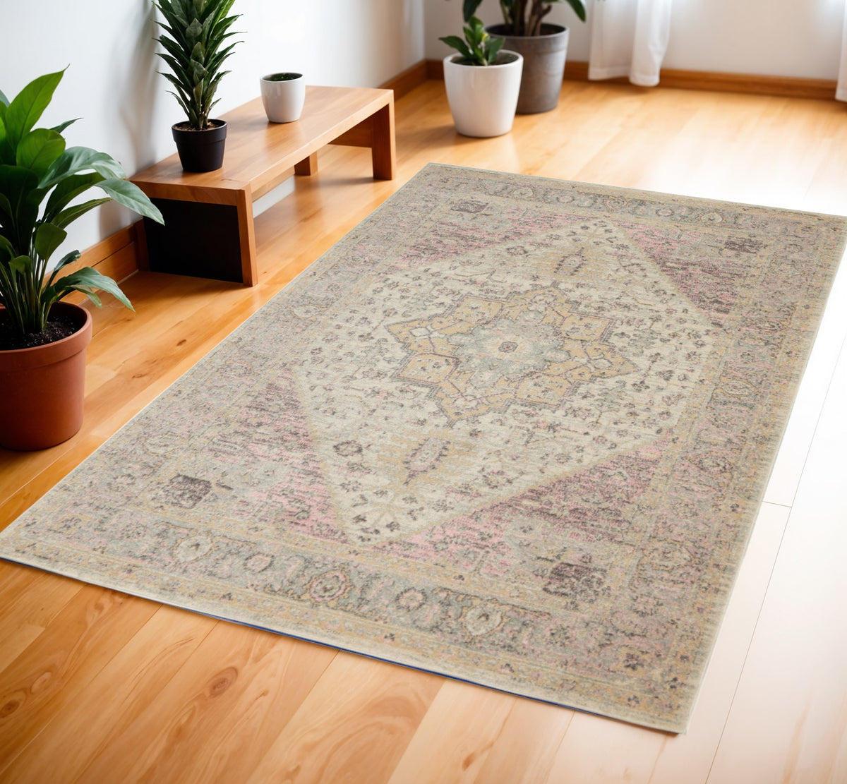4' X 6' Ivory Pink And Gray Floral Distressed Area Rug