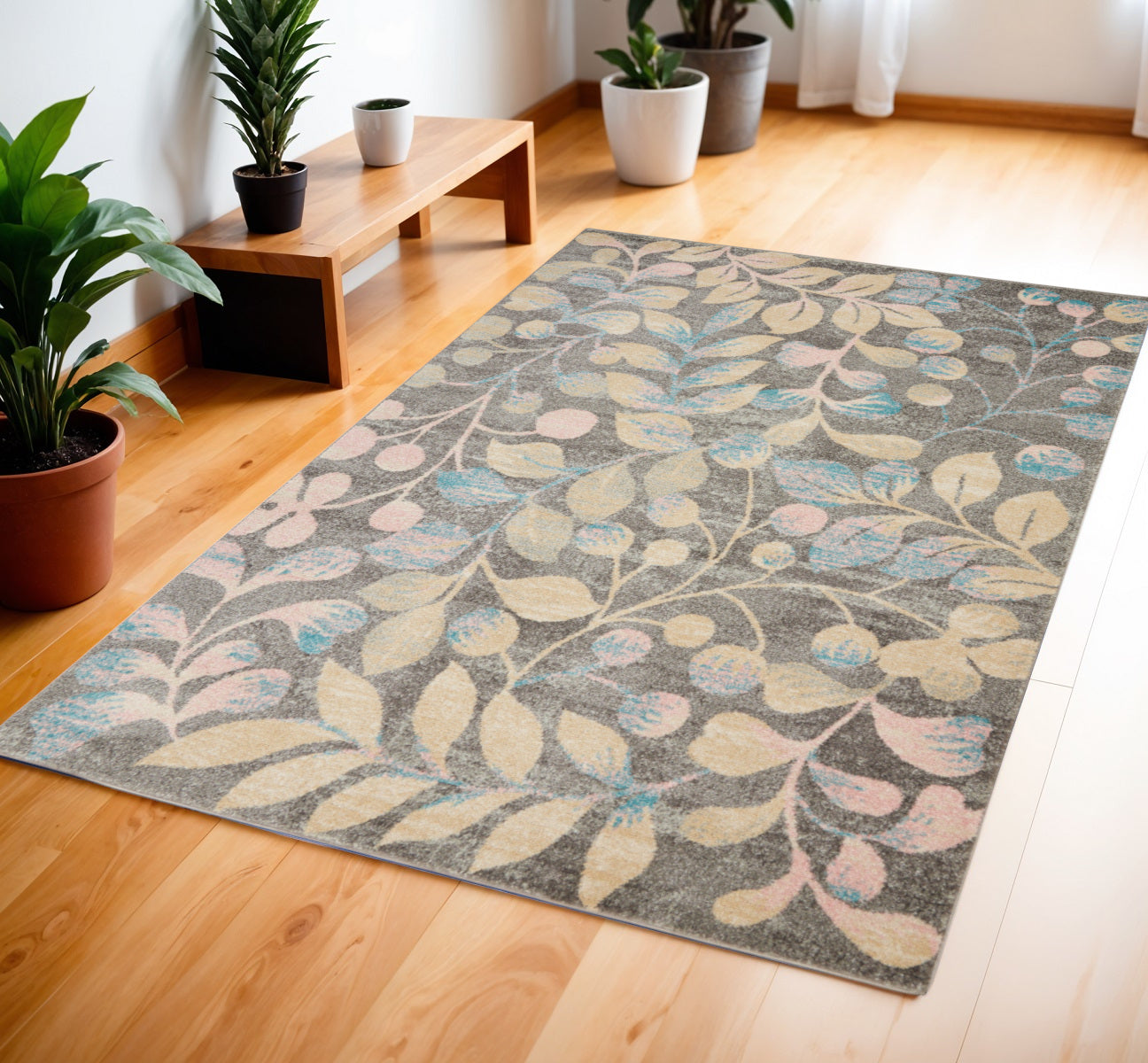 4' X 6' Beige Gray And Blue Botanical Leaves Area Rug
