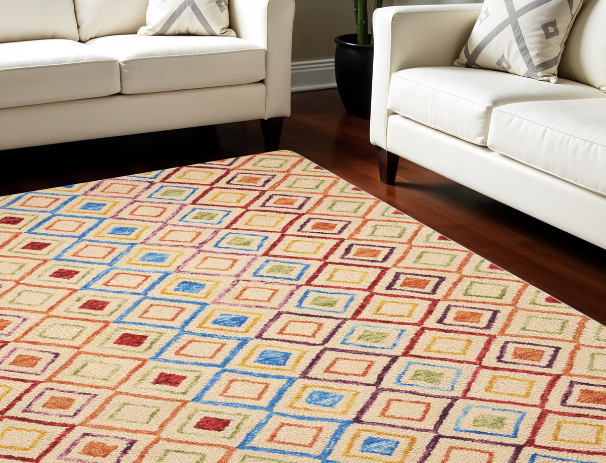 8' X 11' Ivory Blue And Red Wool Geometric Hand Tufted Area Rug