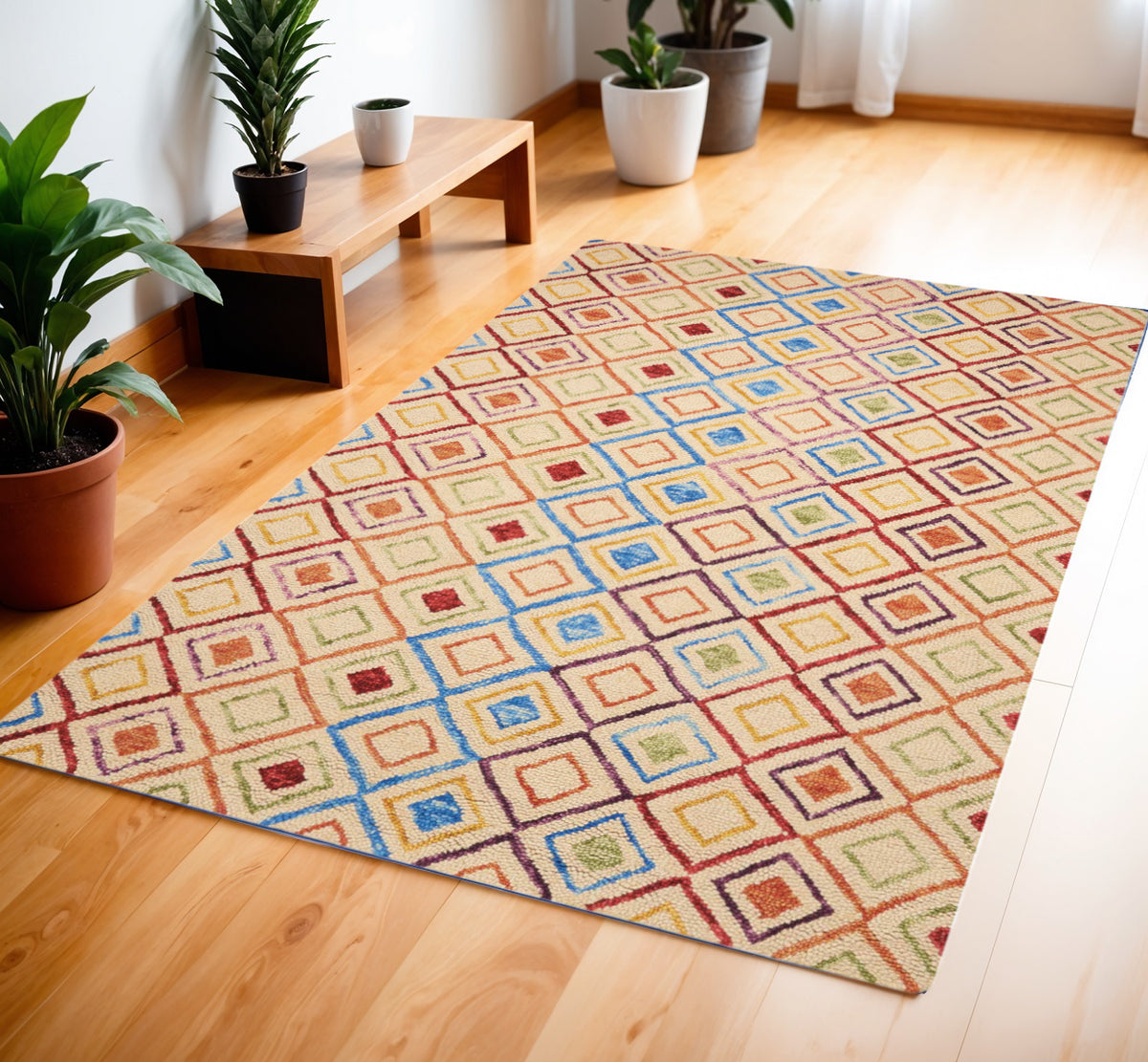 4' X 6' Ivory Blue And Red Wool Geometric Hand Tufted Area Rug