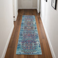 8' Blue Red And Orange Floral Distressed Runner Rug