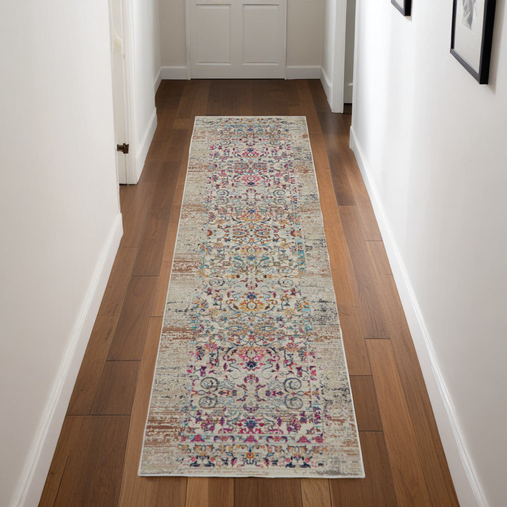 8' Ivory And Brown Floral Distressed Runner Rug