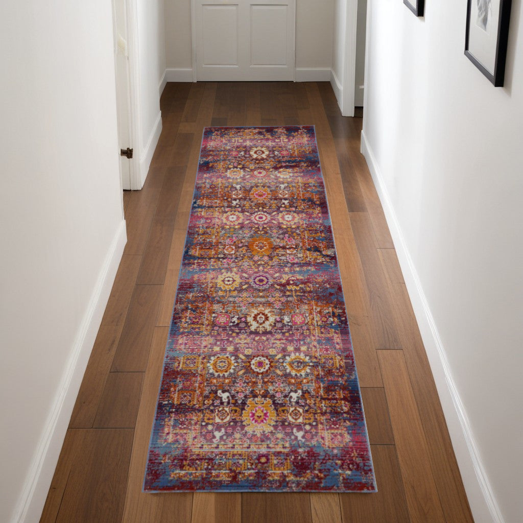 8' Blue Yellow And Red Floral Distressed Runner Rug